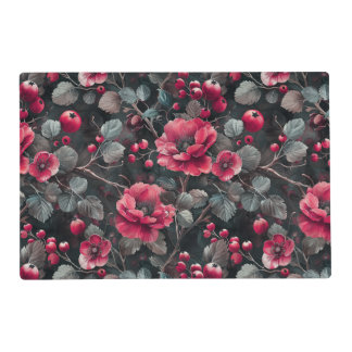 Raspberry, burgundy flowers on dark gray placemat