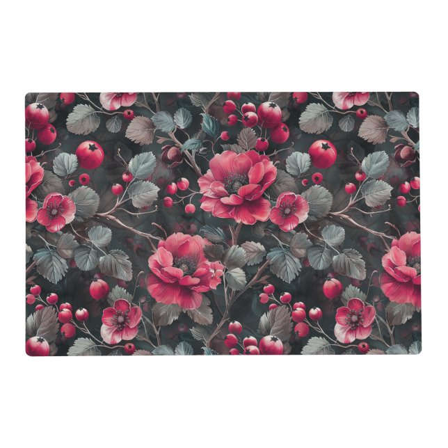 Raspberry, burgundy flowers on dark gray placemat (Front)
