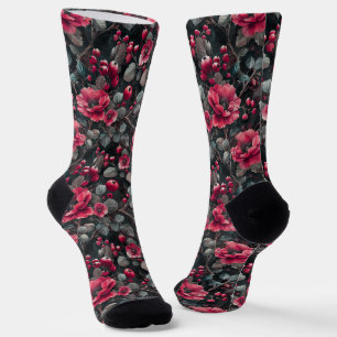 Raspberry, burgundy flowers on dark gray socks