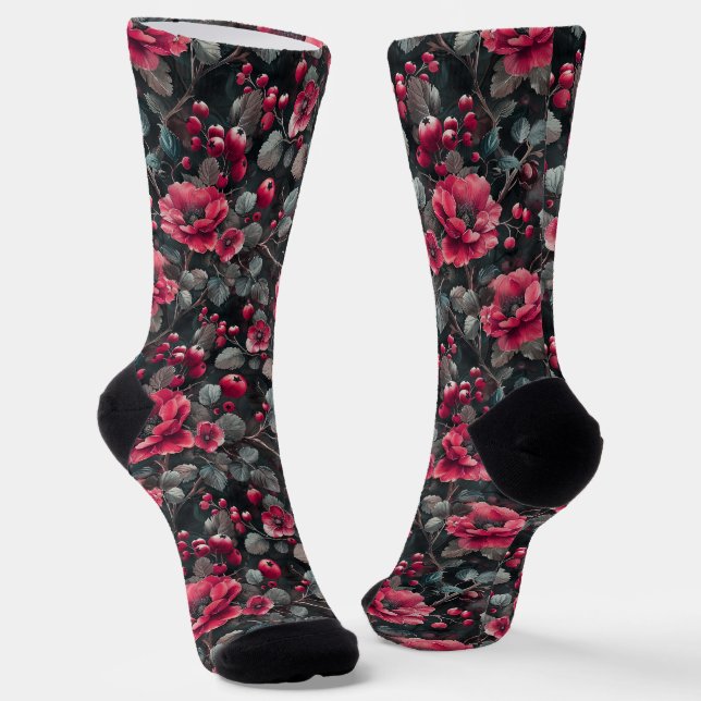 Raspberry, burgundy flowers on dark gray socks (Angled)