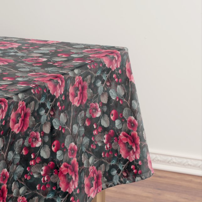 Raspberry, burgundy flowers on dark gray tablecloth (In Situ)