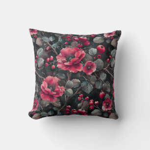 Raspberry, burgundy flowers on dark gray throw pillow