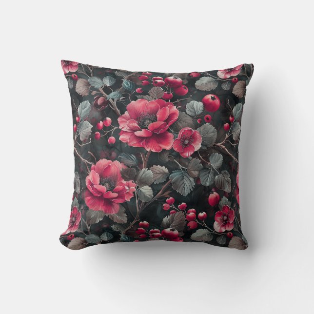 Raspberry, burgundy flowers on dark gray throw pillow (Front)