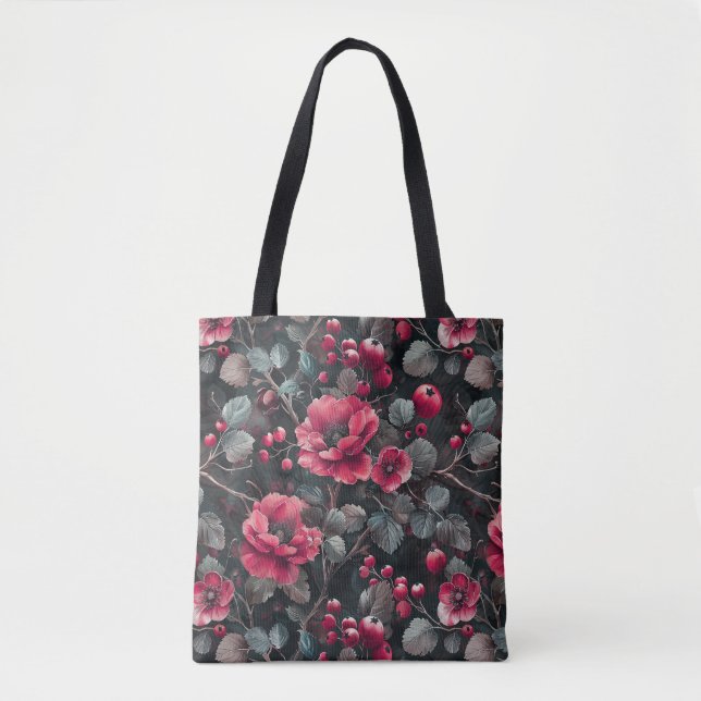 Raspberry, burgundy flowers on dark gray tote bag (Front)