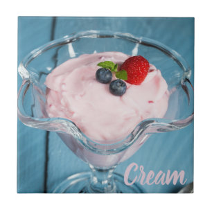 Raspberry Cream Dessert with mint and fruits gift Ceramic Tile