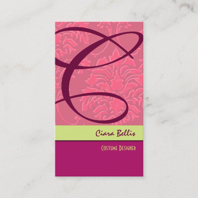 Raspberry Damask Monogram Business Card (Front)