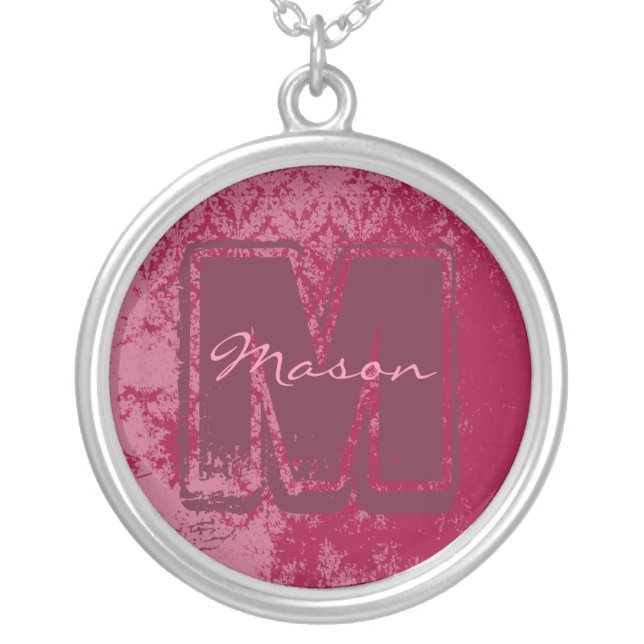 Raspberry Damask Monogram Necklace (Front)