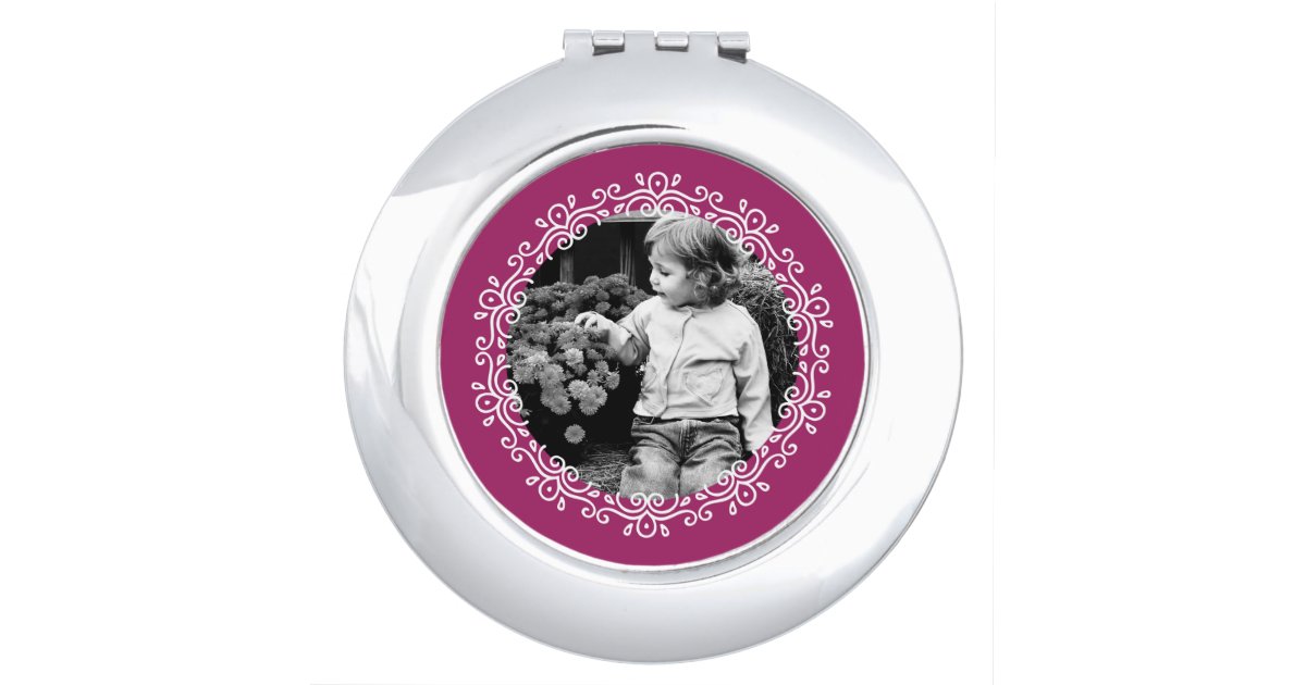 Raspberry Fancy Swirls Frame Custom Photo Mirror For Makeup | Zazzle