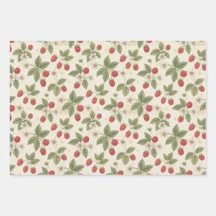Raspberry Fruit Bunches with Leaves and Blossom Wrapping Paper Sheets