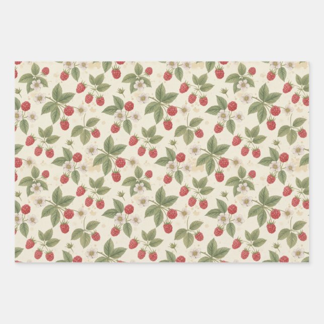 Raspberry Fruit Bunches with Leaves and Blossom  Wrapping Paper Sheets (Front)