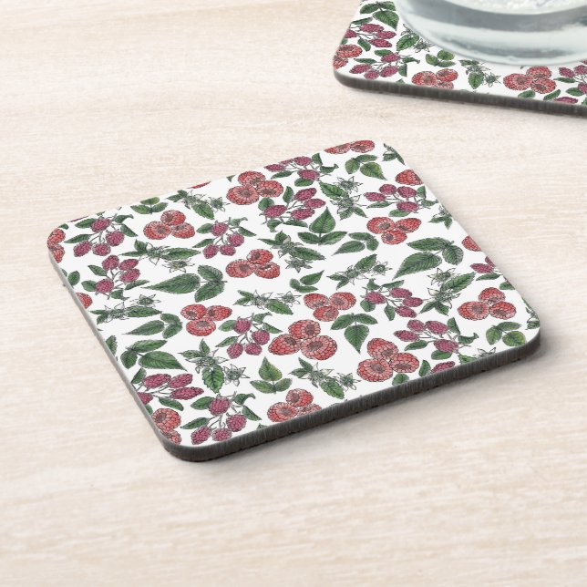 Raspberry Fruit Leaves Illustration Pattern Beverage Coaster (Left Side)