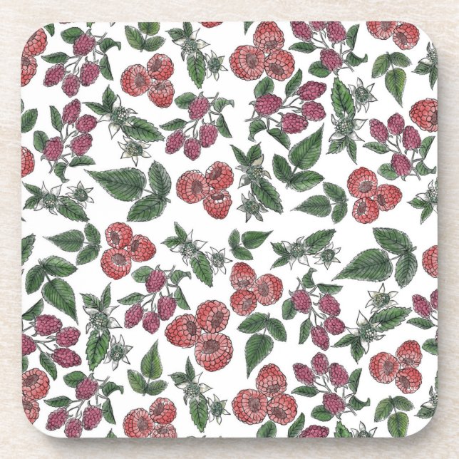 Raspberry Fruit Leaves Illustration Pattern Beverage Coaster (Front)