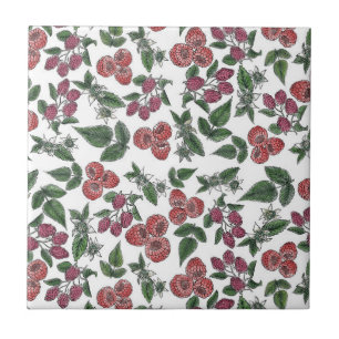 Raspberry Fruit Leaves Illustration Pattern Ceramic Tile