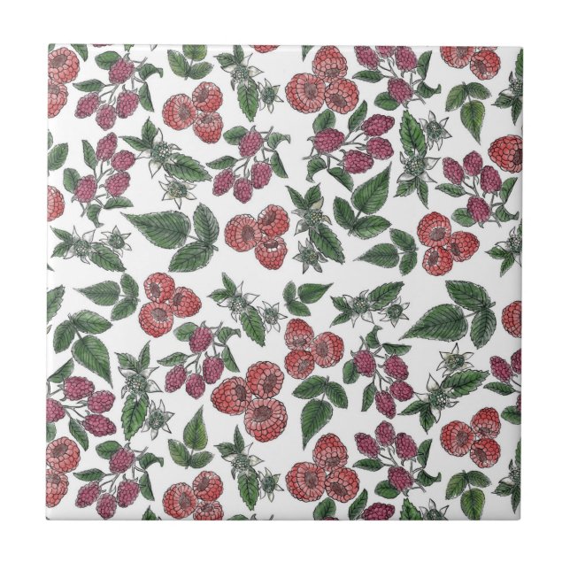 Raspberry Fruit Leaves Illustration Pattern Ceramic Tile (Front)