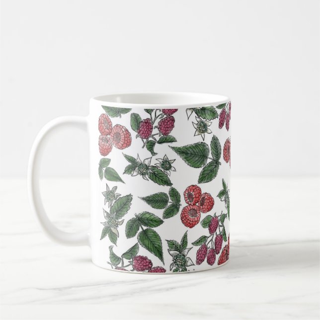 Raspberry Fruit Leaves Illustration Pattern Coffee Mug (Left)