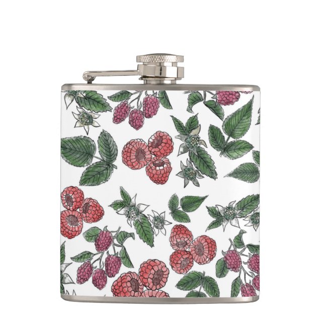 Raspberry Fruit Leaves Illustration Pattern Flask (Front)