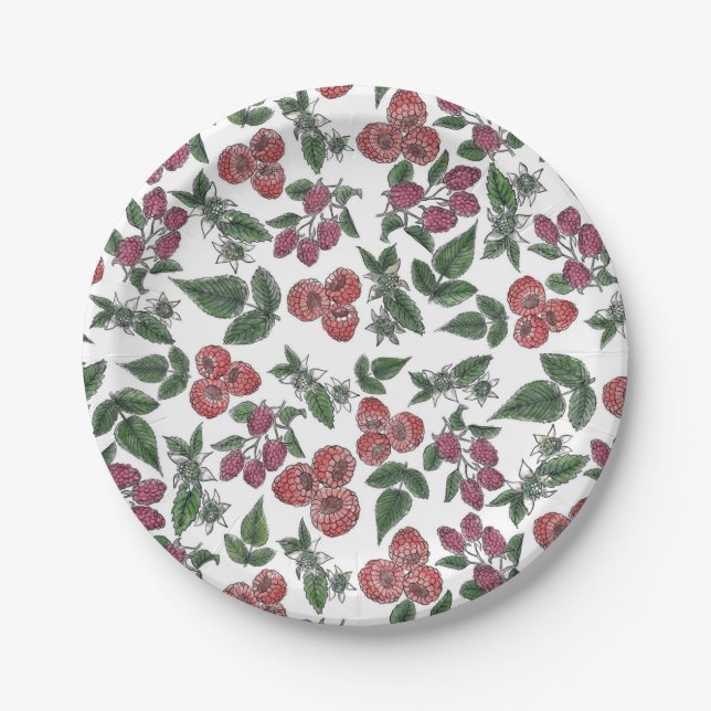 Raspberry Fruit Leaves Illustration Pattern Paper Plates (Front)