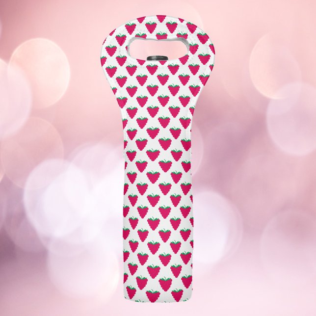 Raspberry Fruit Pink Berry Pattern Wine Bag (A wine tote with a pattern of pink raspberries.)