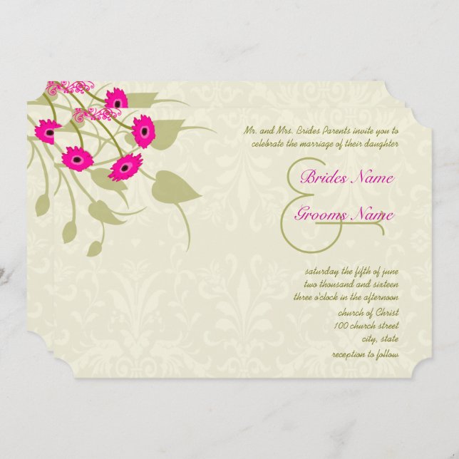 Raspberry Gerber Damask Wedding Invitations (Front/Back)