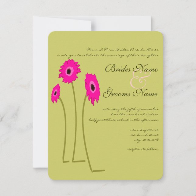 Raspberry Gerbers on Lime Wedding Invitations (Front)