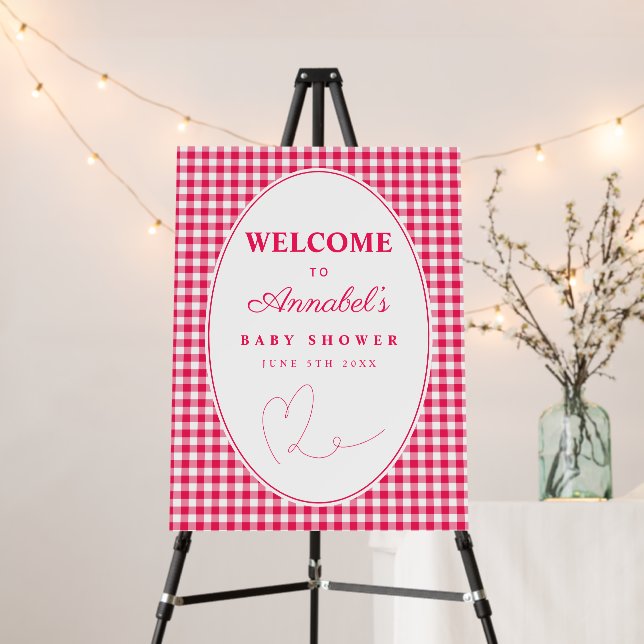 Raspberry Gingham Baby Shower Welcome Foam Board (In Situ (Stand))