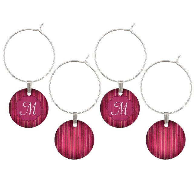 Raspberry Gold Stripe Monogram Initial Wine Charm (Staggered)
