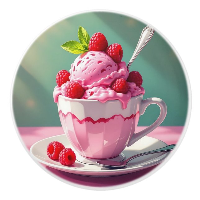 Raspberry Ice Cream in a Pink Coffee Cup Ceramic Knob (Front)