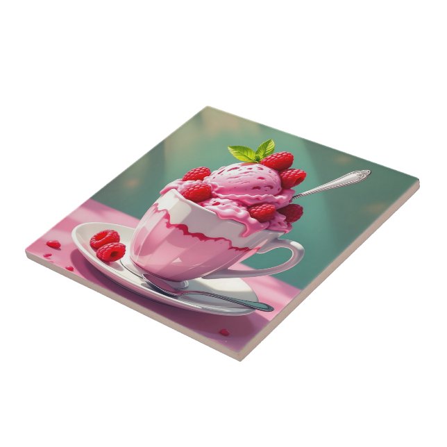 Raspberry Ice Cream in a Pink Coffee Cup Ceramic Tile (Side)