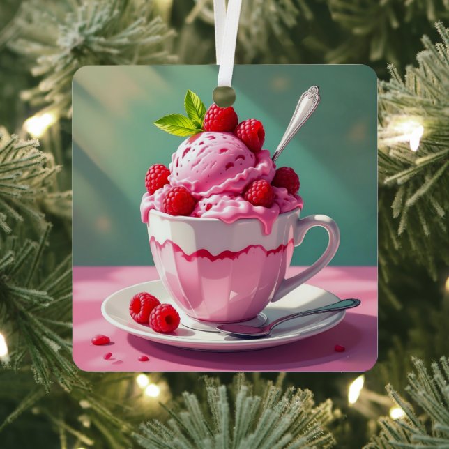 Raspberry Ice Cream in a Pink Coffee Cup Metal Ornament (Insitu)