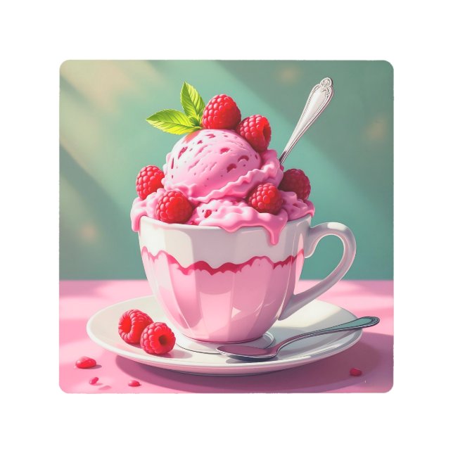 Raspberry Ice Cream in a Pink Coffee Cup Metal Print (Front)