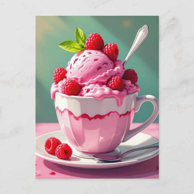 Raspberry Ice Cream in a Pink Coffee Cup Postcard (Front)