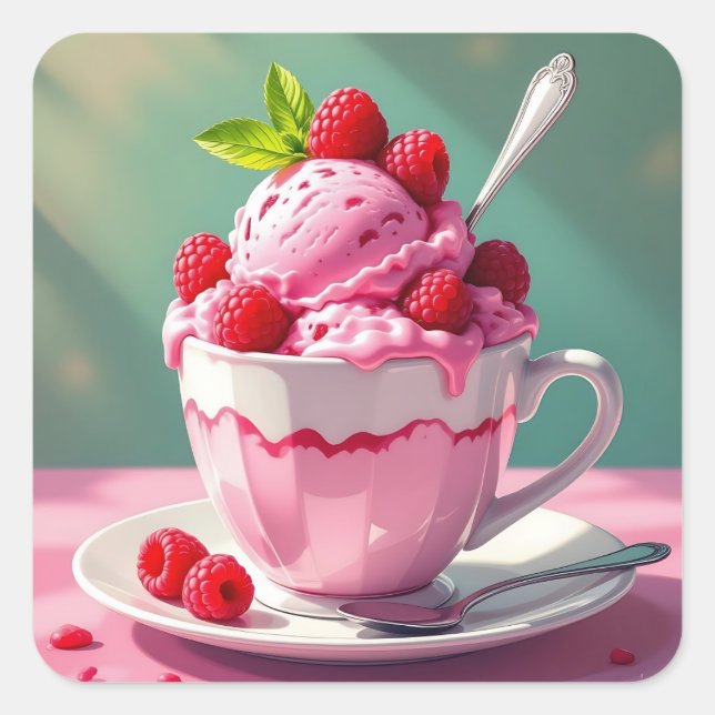 Raspberry Ice Cream in a Pink Coffee Cup Square Sticker (Front)