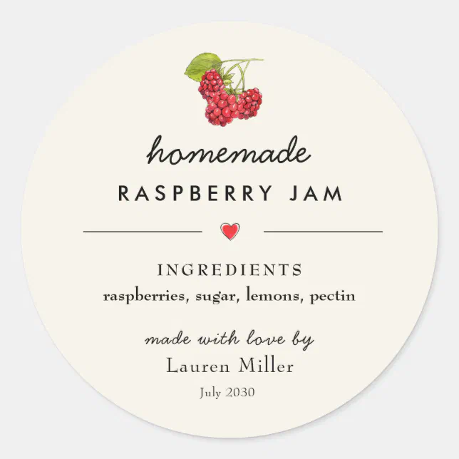 Raspberry Jam Jar Homemade Modern Classic Round Sticker | Zazzle