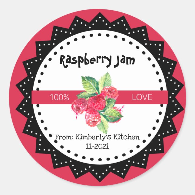 Raspberry Jam Made With Love Rustic Modern Red Cla Classic Round Sticker (Front)