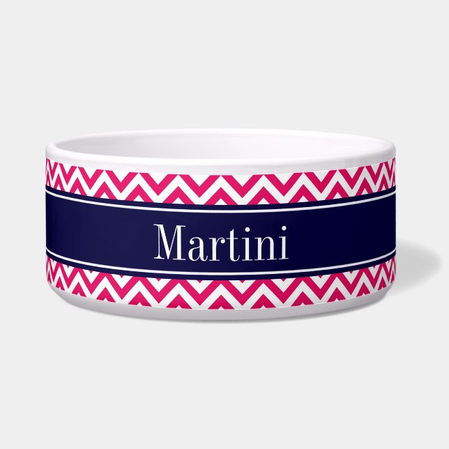 Raspberry Lg Chevron Navy Blue Name Monogram Bowl (Front)
