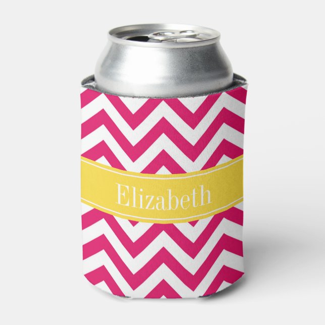 Raspberry Lg Chevron Pineapple Name Monogram Can Cooler (Can Front)