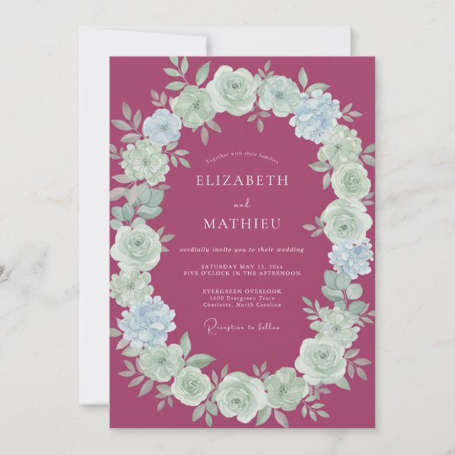 Raspberry Mint Peony Wedding Invitation (Front)