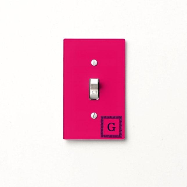 Raspberry, Navy Blue Greek Key #1 Framed Monogram Light Switch Cover (In Situ)