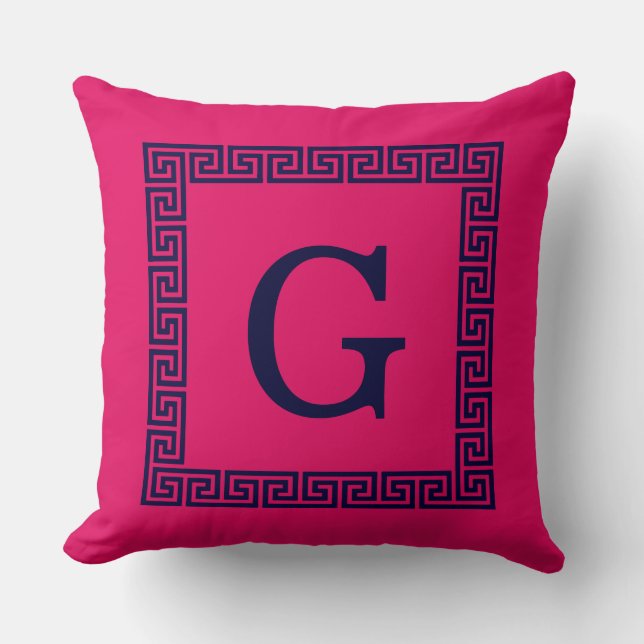 Raspberry, Navy Blue Greek Key #1 Framed Monogram Throw Pillow (Front)