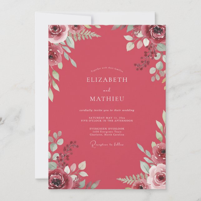 Raspberry Painted Leafy Wedding Invitation (Front)