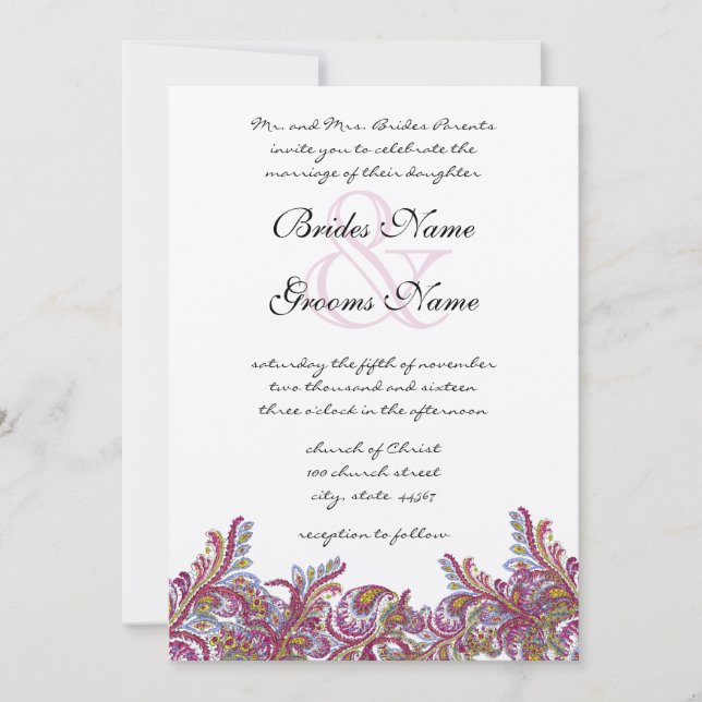Raspberry Paisley Damask Wedding Invitations (Front)