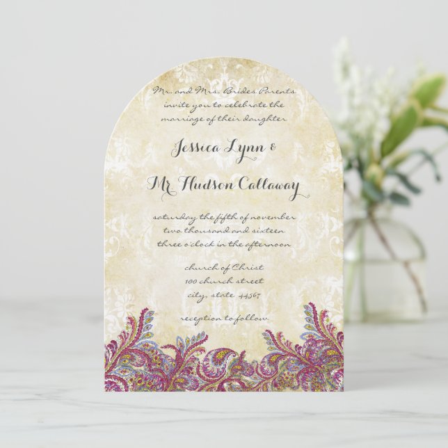 Raspberry Paisley Damask Wedding Invitations (Standing Front)