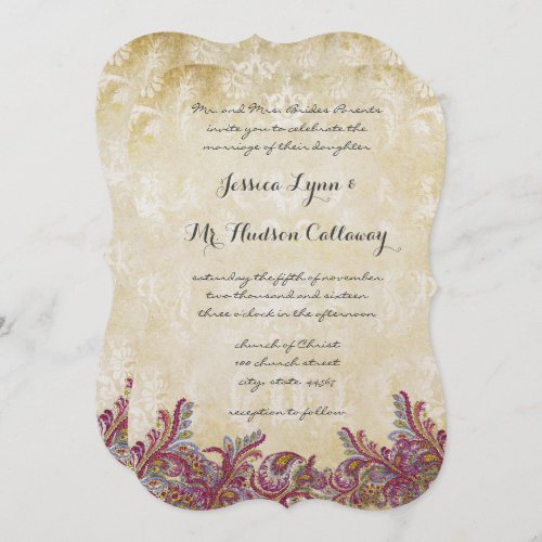 Raspberry Paisley Damask Wedding Invitations