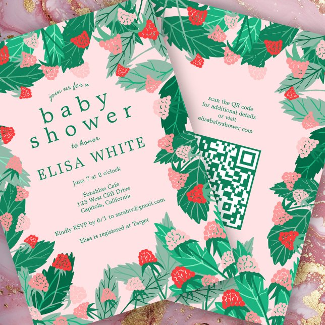 Raspberry Patch Cute CUSTOM QR Code BABY SHOWER Invitation (Raspberry Patch Cute CUSTOM QR Code BABY SHOWER Invitation Pink Green)