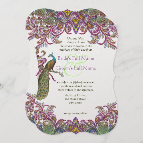 Raspberry Peacock Damask Wedding Invitations