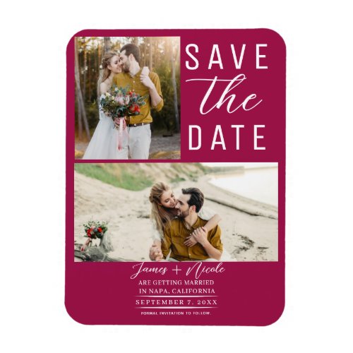 Raspberry Pink 2 Photos Save the Date Wedding Magnet