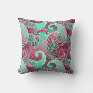 Raspberry Pink and Aqu Paisley Boho Damask Pattern Throw Pillow