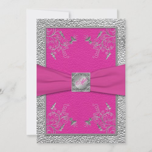 Raspberry Pink and Pewter Monogrammed Invitation