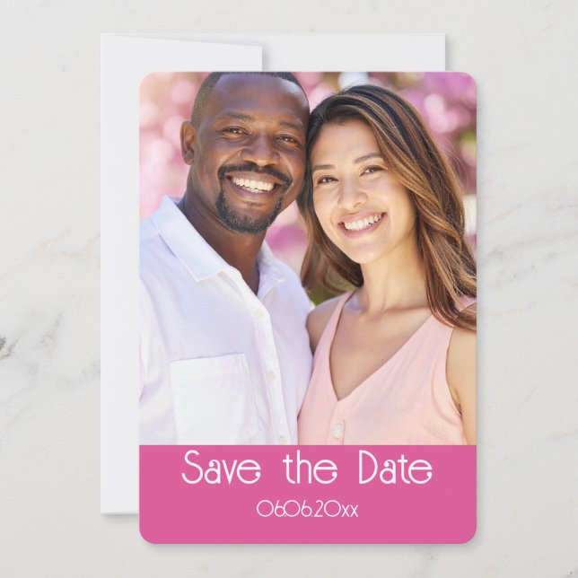 Raspberry Pink and White Photo Save the Date Card (Front)