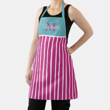 Raspberry Pink And White Stripe With Teal Monogram Apron by jozanehouse at Zazzle